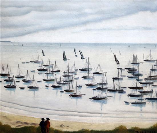§ Nadia Benois (1896-1975) Boats on a quiet sea, 20 x 24in. Provenance; Formerly the property of the Ustinov Family.